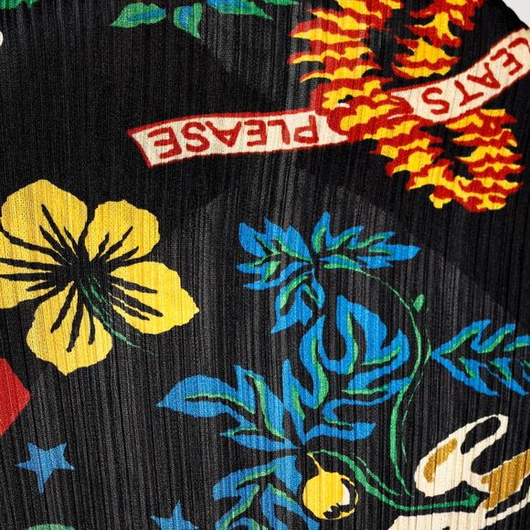 Pleats Please Issey Miyake Hawaii Motif Black Fringe-Hem Cardigan, Size XL - Picture 7 of 9